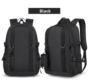 Detail showing side buckle and D-ring attachments on black tactical hiking backpack