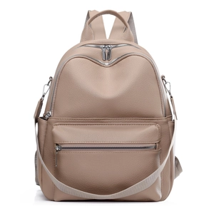 Minimalist beige PU leather backpack with large capacity and multi-functional pockets