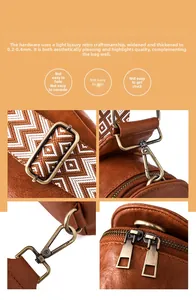 Close-up of vintage gold hardware and woven strap on a brown crossbody chest bag