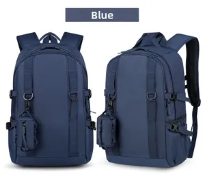 Detailed front and side view of blue water-resistant travel backpack with side straps