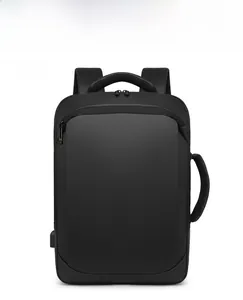 Front view of black business laptop backpack with USB charging port and sleek matte finish