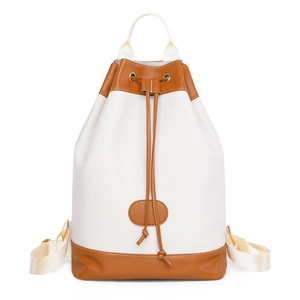 Women's two-tone bucket backpack in beige and caramel PU leather with drawstring