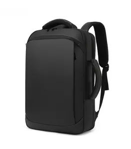 Side view of black business laptop backpack showing waterproof fabric and ergonomic straps