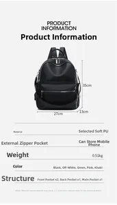 Detailed dimension guide for large black PU leather backpack with size and structure specs