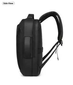 Side view of black professional business backpack with thick breathable mesh straps