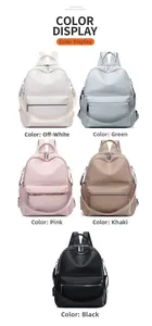 Detailed display of PU leather backpacks in off-white, green, pink, khaki, and black colors