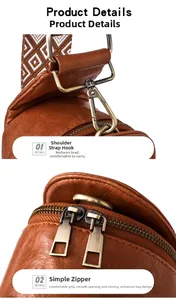 Close-up of brown leather fanny pack with woven strap and dual metal zippers