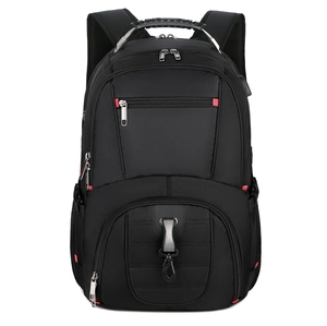 Detalle de mochila de negocios negra con asa reforzada y detalles de cremalleras rojas