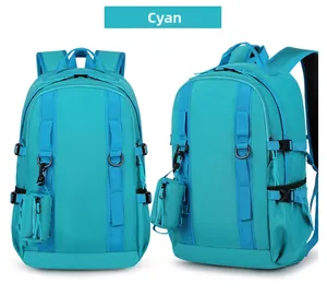 Detail view of cyan water-resistant nylon backpack with side straps and mini pouch