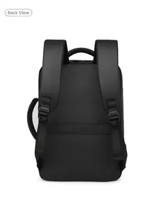 Back view of business laptop backpack featuring luggage strap and ergonomic shoulder straps