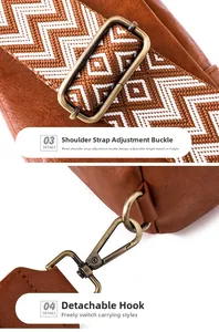 Detail of adjustable woven ethnic strap with bronze buckle on brown leather bag