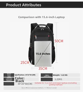 Detailed spec chart of black 1680D laptop backpack with 35x25x50cm dimensions and features