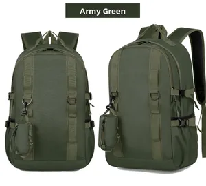 Detail of military green outdoor backpack with side attachment pouch and D-rings
