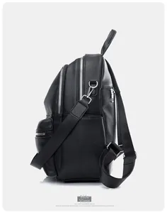 Side view of black PU leather backpack showing three zipper compartments and silver hardware
