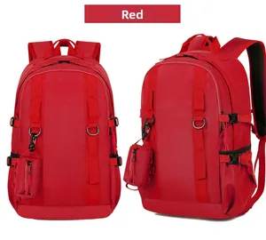 Detail of red high-density nylon hiking backpack with side buckle and small coin pouch
