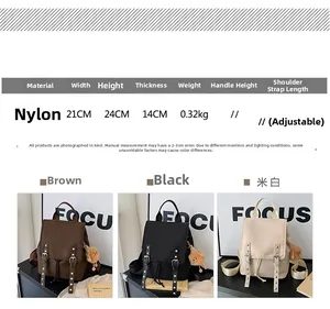 Detailed view of durable nylon backpacks in three colors with stylish metal rivet straps