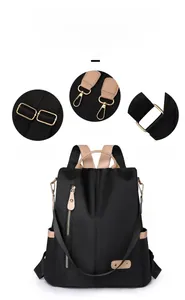 Detail view of gold-tone hardware and reinforced straps on a black nylon backpack