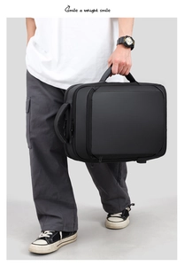 Detail of black business laptop backpack featuring dual handles and multi-zipper layers
