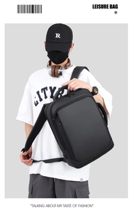 Detail view of business laptop backpack with side USB port on male model