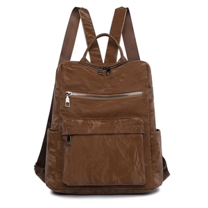 Sac à dos vintage en cuir PU marron avec texture plissée et poches zippées multiples