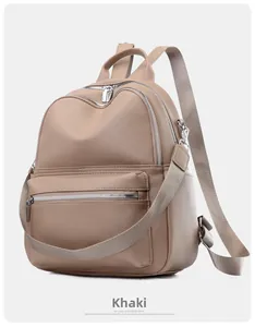 Detail view of khaki PU leather backpack featuring lychee texture and multi-zipper layers