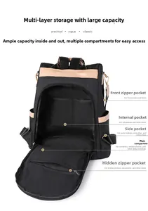 Detailed view of black nylon backpack interior showing multi-compartment storage layout