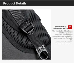 Detail of adjustable shoulder strap buckle with breathable mesh on black backpack