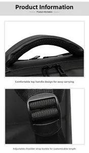 Detail of thickened breathable top handle and adjustable strap buckle on black business backpack