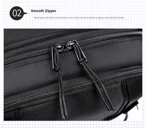 Detail of high-density nylon fabric and smooth double zippers with long pull cords