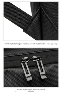Macro detail of reinforced stitching and smooth double metal zippers on black business backpack