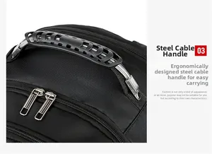 Detail of ergonomic steel cable handle and dual metal zippers on a black backpack