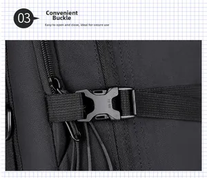 Detail of durable plastic buckle and high-density nylon webbing on a black travel backpack