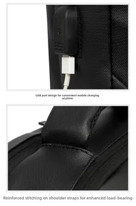 Detail of USB charging port and reinforced bar-tack stitching on black business backpack