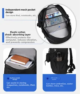 Detail view of multi-compartment interior with cushioned 15.6-inch laptop sleeve