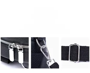Dettaglio della borsa in pelle PU nera impermeabile con cerniere e fibbie in metallo