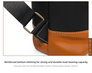 Macro shot of reinforced shoulder strap with gold D-ring and brown leather base stitching