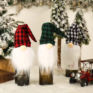 Housse de Bouteille de Vin Gnome de Noël Chapeau à Carreaux Buffalo Fausse Fourrure Père Noël sans Visage Décoration Fête