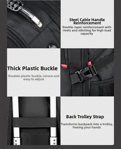 Detail of steel cable handle, adjustable buckle, and luggage strap on black backpack