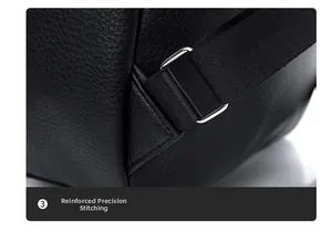 Close-up of reinforced stitching and silver metal buckle on black PU leather backpack
