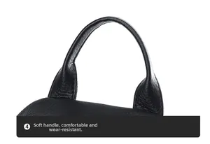 Detail of soft black PU leather handle with durable stitching on multi-functional backpack