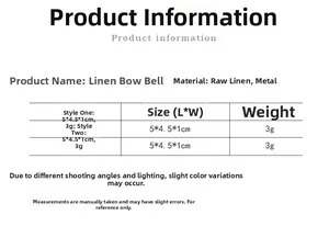 Size chart showing linen Christmas bows with bells and metal material specifications