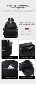 Detail view of large capacity black PU leather backpack with multiple functional pockets