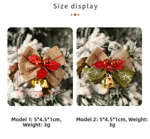 Detail of Christmas burlap bows with gold bells and berries for tree decoration
