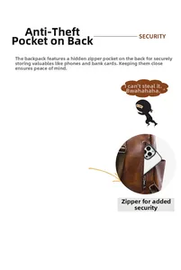 Brown litchi grain leather backpack with anti-theft zipper pocket on the back panel