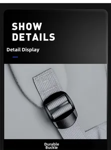 Close-up of a durable black buckle and high-density gray strap on a travel backpack