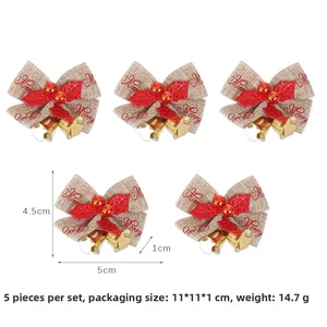 Set of 5 Christmas bow pendants with golden bells and Merry Christmas typography