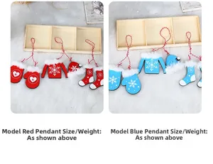 Detail of wooden Christmas ornaments featuring red and blue gloves and hats with white fur trim