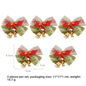 Set of 5 Christmas linen bows with bells and berries, measuring 5x4.5cm for tree decor