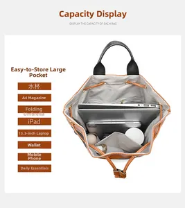 Detail of spacious interior for 13.3-inch laptop and A4 files in brown leather backpack