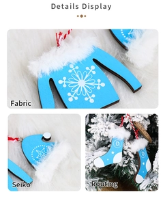 Detail showing Nordic wooden Christmas ornaments with blue patterns and white faux fur trim